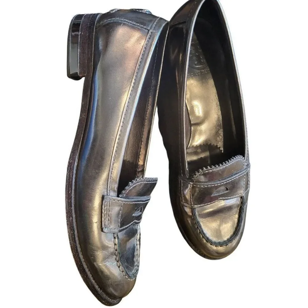 Tory Burch Loafers Women's 7 Pewter Metallic Leather Driving Shoes